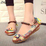 kamames Size Flat Shoes Woman Beaded Strap Women Colorful Back Lace up Fashion Ladies Floral Cotton Fabric Women's Footwear