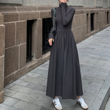 kamames New Autumn French Midi Dresses Women Elegant Chic Turtleneck Fashion Casual A-Line Black Long Sleeve Cotton Female Clothing