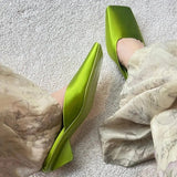 Slippers Green Satin Low Heel Ladies Summer Square Toe Slip-On Mules Elegant Shoes For Women Designer Pumps Zapatos De Mujer