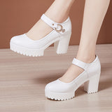 kamames Cheongsam Catwalk High Heels Waterproof Platform Large Round Head Thick Heel Black Professional Single Shoes Working Shoes