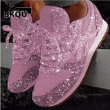 kamames Women Casual Glitter Shoes Mesh Flat Shoes Ladies Sequin Vulcanized Shoes Lace Up Sneakers Outdoor Sport Running Shoes