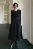 kamames Knitting Maxi Wedding Dresses for Women Clothing O Neck Office Lady Casual Pockets Bodycon Midi Dress Winter 2023 Black