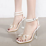 kamames Heels Summer 2022 Square Toe Transparent Heel Plus Size Women Shoes on Heels Fashion Pearl Bow Heels Sandals Zapatos Mujer