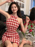 Zingj Hit Color Houndstooth Dress Women Sexy Pearls Beaded Hollow Out Waist Dresses 2023 Summer Sleeveless Bodycon Vestidos