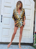 kamames Tiger Striped Short Kimono Bikini Cover-ups Sexy Self Belted Wrap Dress Summer Women Beach Wear Swim Suit Cover Up A1312