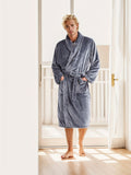 Casual Polyester Men's Robe Set - Fall/Winter Long Sleeve Solid Color Bathrobe with Belt, Slight Stretch Fabric, Warm Plush Fleece V-neck Sleepwear with Pockets