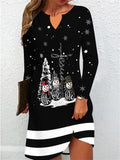 Women's Christmas Themed 3D Print V-Neck Long Sleeve Dress - Casual Polyester Knit Fit Dress with Snowmen and Christmas Tree Design for Adults - Autumn/Winter Collection