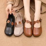 kamames kamames Round-Headed Single Shoes, Soft Leather, Retro Flowers, Mother's Shoes, Soft Leather, Shallow Mouth, Large Size Cover, Comfortable Grandma Shoes