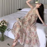 kamames Women Elegant Floral Print Maxi Dresses 2023 New Fashion Sleeveless Loose Ruffle Y2k Dress Beach Birthday Party Robe