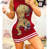 Zingj Women Sexy Daily Wear O Neck Cute Tiger Animal Print Short Sleeve Casual Summer Vintage Mini Bodycon Party Dress