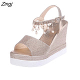 kamames New Women Wedge Sandals Summer Bead Studded Detail Platform Sandals Buckle Strap Peep Toe Thick Bottom Casual Shoes Ladies