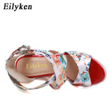 kamames Summer Fashion Peep Toe Solid Platform Women Designer Silk Print Flower Fabric High Heels Wedges Sandals Shoes