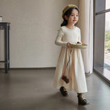 kamames Autumn Kids Girls Beige Grey Simple Casual Patchwork Princess Elegant Long Sleeve Dresses Korean Style