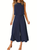 Two-Piece Elegant Outfit - Crew Neck Tank Top & Wide Leg Pants Set - Polyester Solid Color Spring/Summer Wear with Zipper, No Elasticity, Woven Fabric, and Classic Style