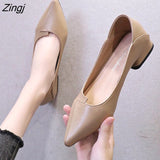 kamames Women Leather Pumps Shoes Office Lady Med Square Heel Pointy Toe Slip On Work Shoes Classic Heel 4 cm