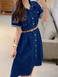 Chic Single-Breasted Denim Dress - Short Sleeve with Belted Waist - Elegant Lapel Casual Washed Style - Womens Premium Jeans Clothing