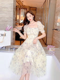 kamames Elegant Floral Chiffon Party Dress Women Fashion Puff Sleeve A Line Midi Dress Sweet Square Collar Korean Female Vestidos