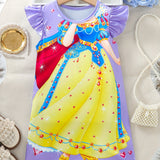 Charming Girls Princess Dress with Playful Cartoon Pattern - Soft Round Neck, Delicate Ruffle Sleeves, Comfortable Straight Casual Style