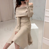 kamames Sexy Slash Neck Long Sleeve Ruffle Hem Long Sweater Dress Women Slim Waist Irregular Elastic Knitted Dresses Winter 2023