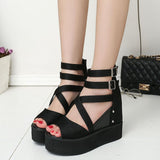 kamames Korean Female High-End Zipper Hollowed Out Roman Sandals Muffin Thick Soles Raised Fish-Mouth Slope Heels For Women's Shoes