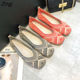 kamames Plus Size Spring New Ballet Flats Women Square Toe Knit Fabric Loafers Breathable Flat Heel Drive Shoes Driving Sneaker