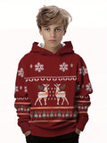 Boys' Festive Christmas Hoodie with Reindeer & Snowflake Print - Cozy Polyester Blend, Long Sleeve Pullover for Fall/Winter