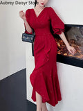 Zingj Midi Red Mermaid Dress Women Autumn Korean Sexy V-neck Irregular Sequins Dress Vintage Casual Evening Party Dress 2023