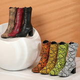 kamames Size Women's Shoes 44 45 Fashion Zipper Snake Print Women Mid Calf Boots LadiesThick High Heel Autumn Winter Short Boots