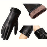 Velvet Lined Elegant Gloves for Women - Warm, Waterproof, Touchscreen, Split Finger, PU Leather with Decorative Buttons - Perfect for Autumn and Winter