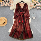 kamames Women's Fashion France Vintage Pleated Long Dress Summer Autumn Sexy V-Neck Lace Up Party Runway Vestidos Female Elegant Robe