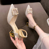 kamames kamames Square Buckle High Heels Women Spring 2023 New Korean Version Fashion Pointed Thick With Shallow Mouth Empty Single Shoes Women