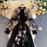 kamames High Quality Elegant Party Dress Women Korean Design Long Sleeve A-line Dress 2023 Spring Mesh Embroidery Flower Dress