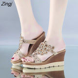 kamames Shoes Women Summer Peep Toe Breathable Beach Sandals Rhinestone Slip-On Wedges Shoes Sandals