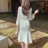 kamames Long White Dress Women French Vintage V-neck Lace Slim Y2K Dress Spring Korean One Piece Casual Evening Party Dress 2023