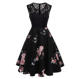 kamames Line Peony Flower Vintage Dress Women Patchwork Ladies Office OL Contrast Lace Elegant Summer Ladies Dresses Retro Party Black