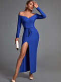 kamames Long Bandage Dress 2022 New Women's Blue Bandage Dress Elegant Sexy Evening Club Party Dress High Quality Summer Fashion