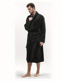 Casual Polyester Men's Robe Set - Fall/Winter Long Sleeve Solid Color Bathrobe with Belt, Slight Stretch Fabric, Warm Plush Fleece V-neck Sleepwear with Pockets