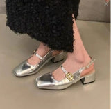 kamames kamames Silver Mary Jane Shoes Women's Shoes 2024 New Summer Temperament Thick Heel Square Head Shallow One Word With Single Shoes