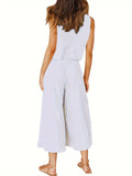 Two-Piece Elegant Outfit - Crew Neck Tank Top & Wide Leg Pants Set - Polyester Solid Color Spring/Summer Wear with Zipper, No Elasticity, Woven Fabric, and Classic Style