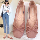 kamames Women Flats Slip on Flat Shoes Round Toe Shallow Butterfly-knot Ballerina Slip on Loafers Faux Suede Lady Ballet Plus Size 35-40