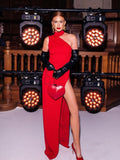 kamames Halter O Neck Sleeveless High Slit Bodycon Long Dress Summer Red One Shoulder Tight Split Maxi Dress Celebrity Club Party