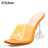 kamames Orange Silver PVC Jelly Transparent Perspex Women Slippers Open Toe Sandals Fashion Clear High Heels Shoes Size 42