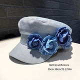 Ladies Denim Beret Hat with Blue Rose Embellishments - Perfect for Valentine's Day or Any Special Occasion - Adjustable Size - Breathable Material - Knit Construction - Decorative Accents - Non-Elastic - Suitable for Various Events