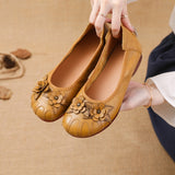 kamames New Flat Bottom Low Heel Head Layer Cowhide Women's Shoes Ethnic Wind Flowers Leather Women's Single Shoes Middle-Aged And Elderly Mother Shoes