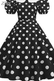 kamames Women Summer Dress Puff Short Sleeve Polka Dot Peter pan Collar Vintage A-line Midi Long Party Sundress Robe Femme