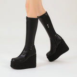 kamames Fashion Wedges Women Knee High Boots Platform High Heel Punk Boots Zipper Autumn Winter Ladies Shoes Black White