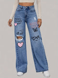 High Waist Heart Graffiti Jeans: Casual Wide-Leg Style, Ripped Denim for All Seasons