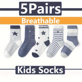 5 Pairs Of Boy's Trendy Cartoon Pentagram Striped Pattern Crew Socks, Breathable Comfy Casual Style Unisex Socks For Kids Outdoor All Seasons Wearing