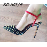 kamames slingbacks rivet sandals women shoes summer shoes for women pointed toe 12cm high heels ankle strap LX004 ROVICIYA