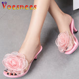 kamames Three-Dimensional Flowers Slippers Summer Transparent Sandals Beach Shoes Thin High Heels Walk Show Crystal Party Women Shoes